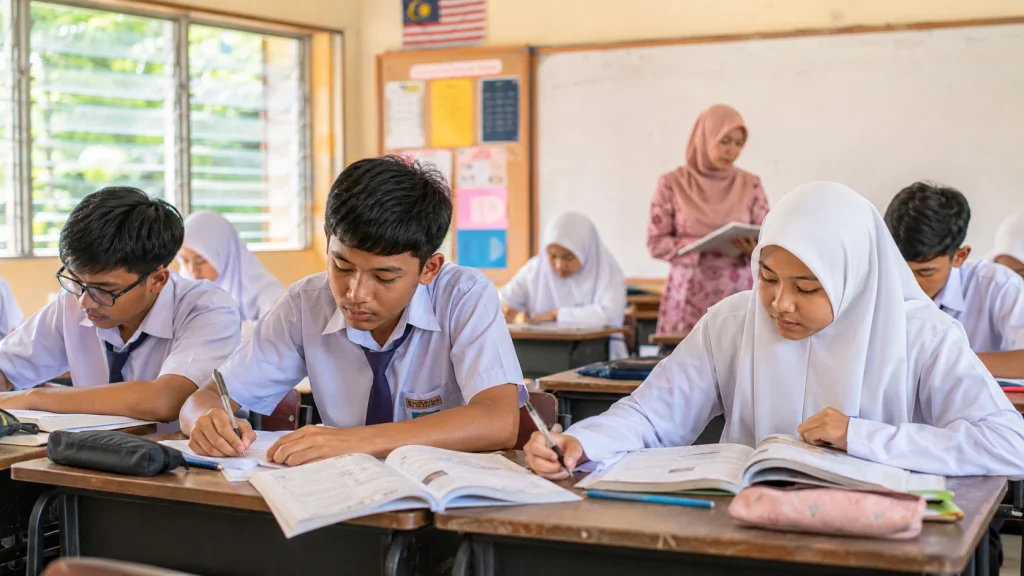 Secondary school students studying attentively in a bright classroom with textbooks, notebooks and a teacher supervising in the background.